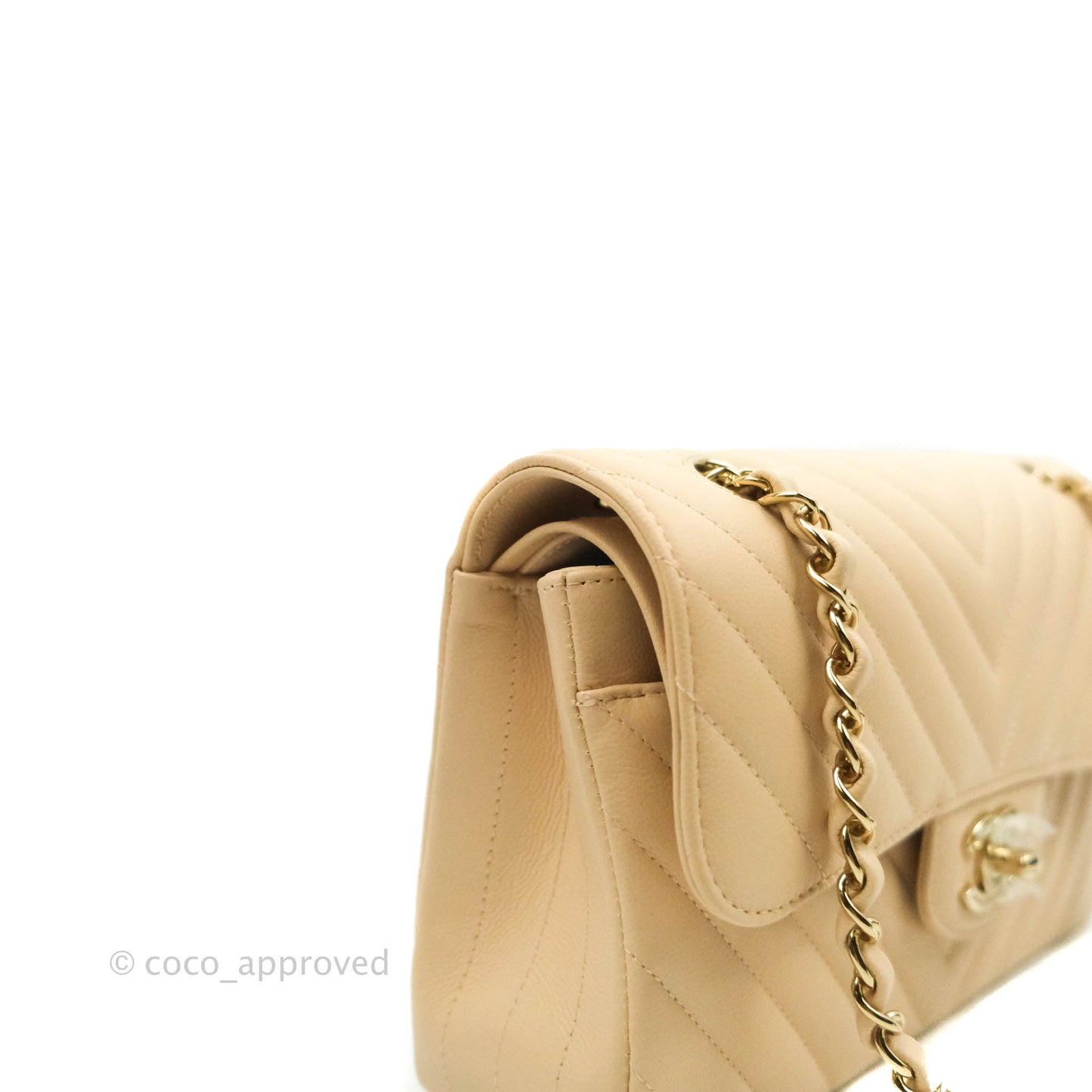 Chanel Classic S/M Small Double Flap Chevron Beige Caviar Gold Hardware