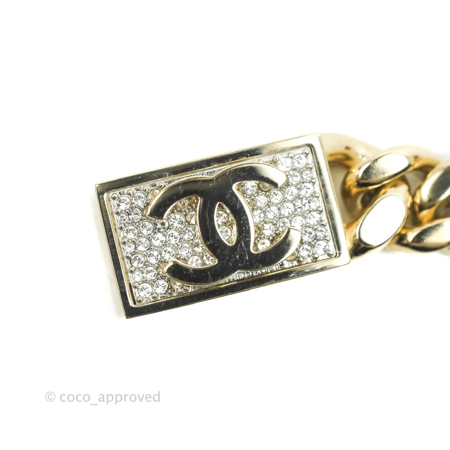 Chanel Chain CC Crystal Plate Drop Earrings Gold Tone 21C