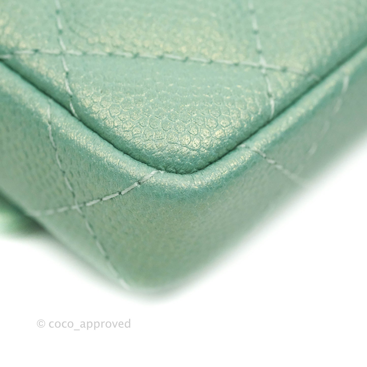 Chanel Quilted Card Holder With Chain Iridescent Mint Caviar Gold Hardware