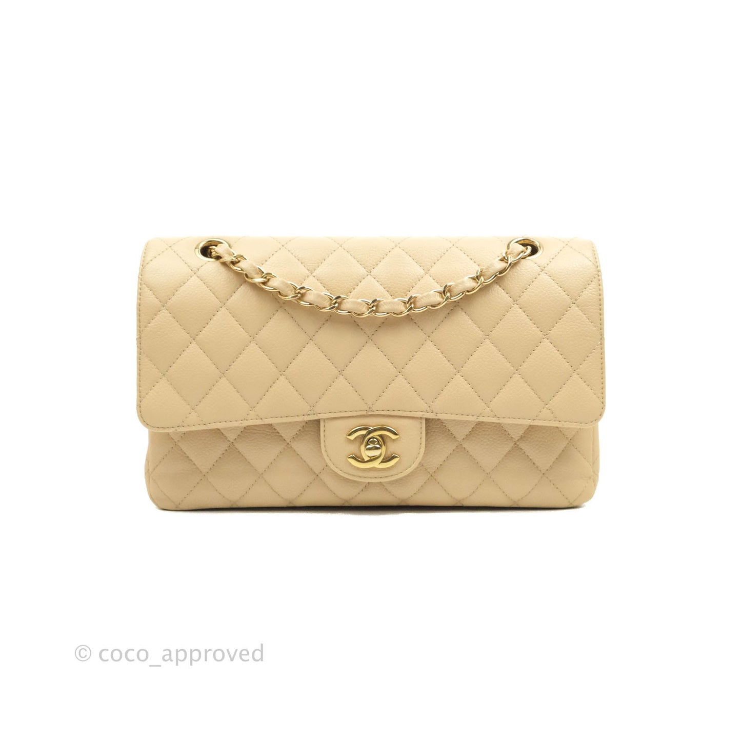 Chanel Classic Medium Flap Quilted Beige Caviar Gold Hardware