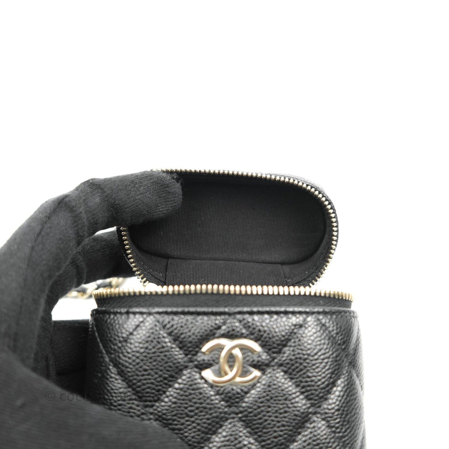 Chanel Quilted Small Handle With Care Vanity Case With Chain Black Caviar Gold Hardware