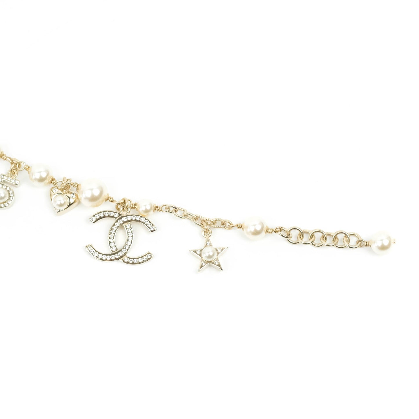 Chanel CC Crystal Pearl Charm Bracelet Gold Tone 20V