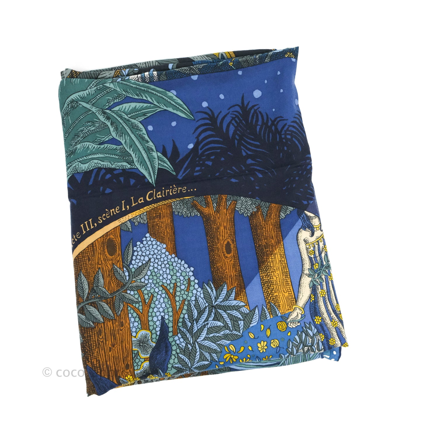 Hermes Acte III, Scene I, La Clairiere shawl 140 Scarf Bleu Nuit/Jaune/Vert
