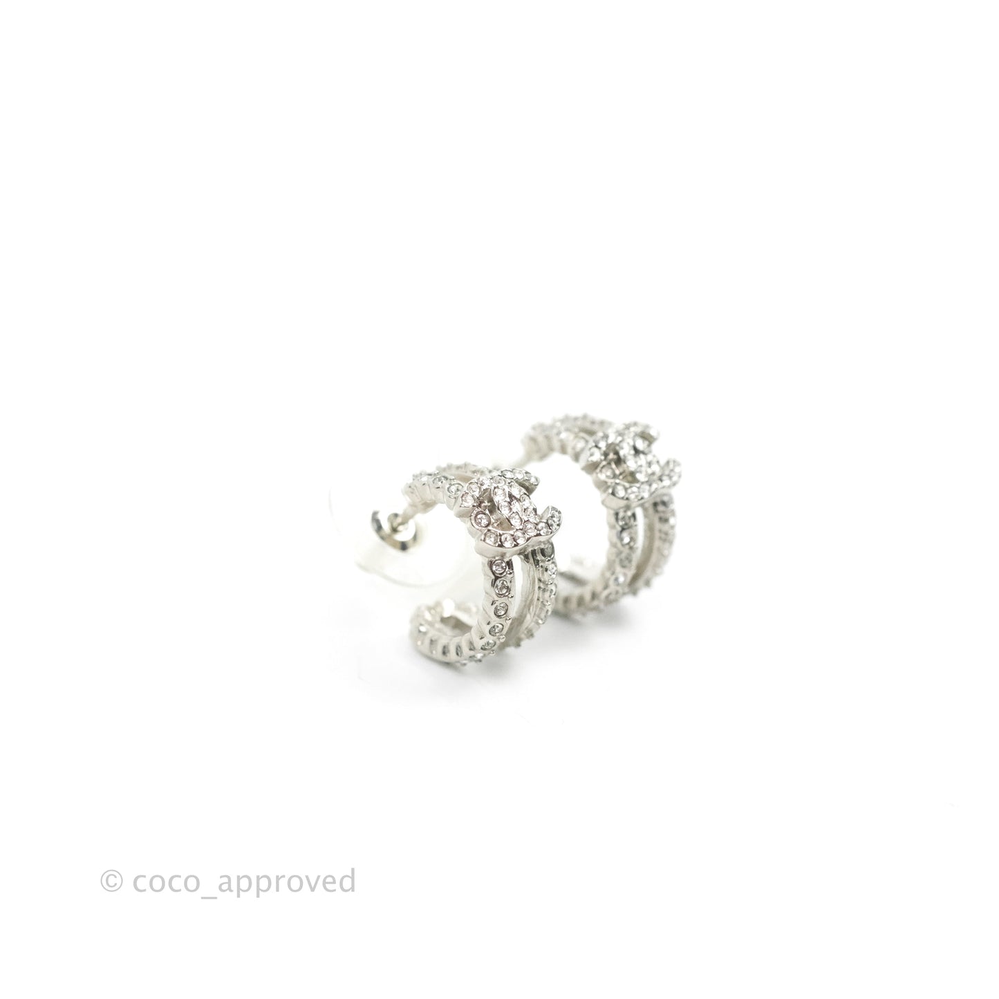 Chanel CC Crystal Hoop Earrings Silver Tone 22B