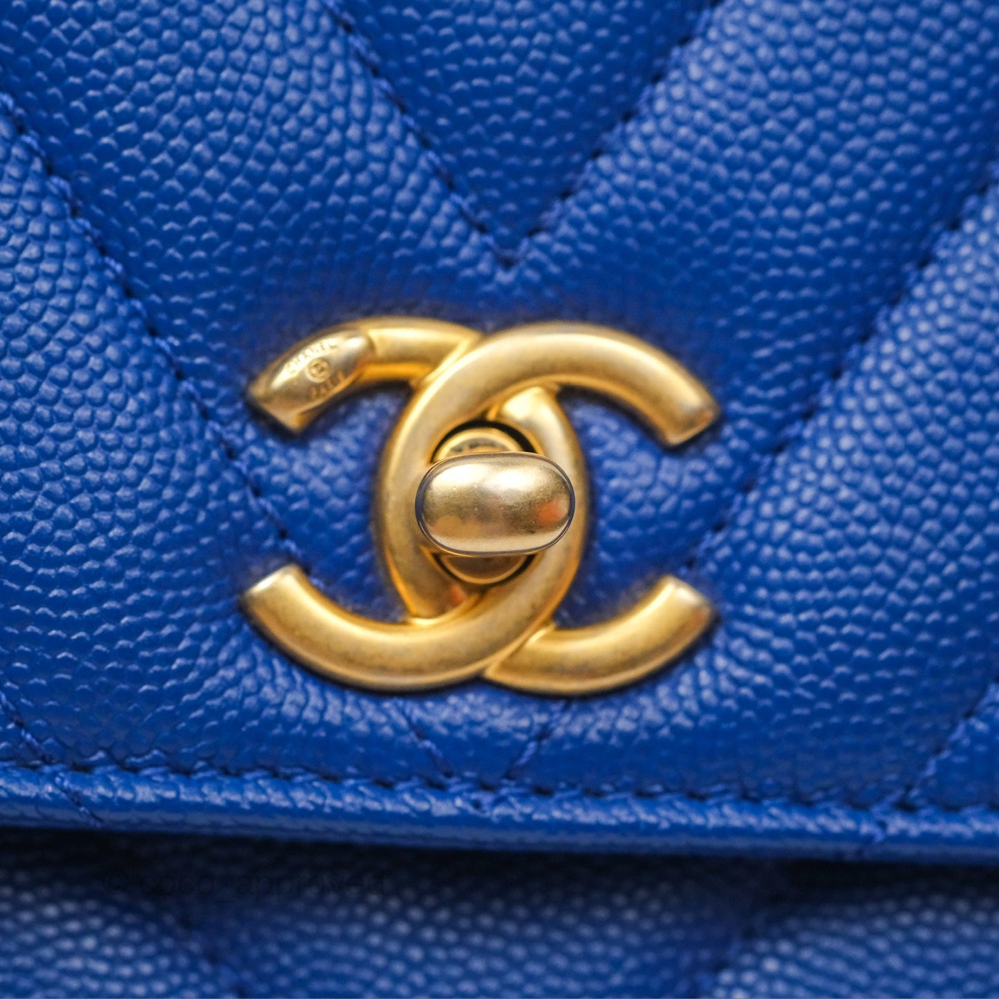Chanel Small Coco Handle Chevron Blue Caviar Aged Gold Hardware