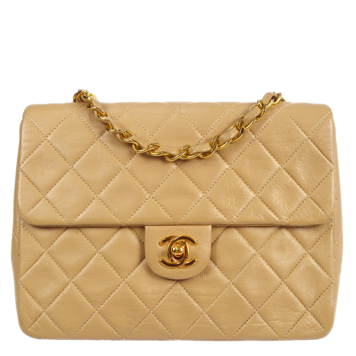 Luxury Chanel 1989-1991 Beige Lambskin Classic Square Flap Shoulder Bag 20