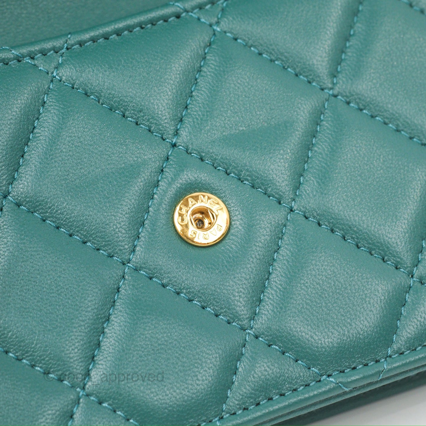Chanel Mini Handle Flap Coin Purse With Chain Teal Green Lambskin Aged Gold Hardware