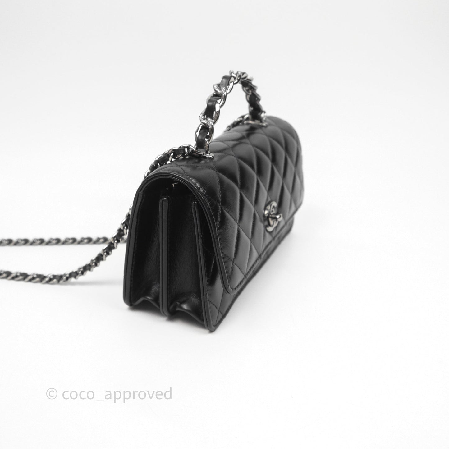 Chanel Mini Crystal Top Handle Wallet On Chain WOC Black Calfskin Gun Metal Hardware 23K