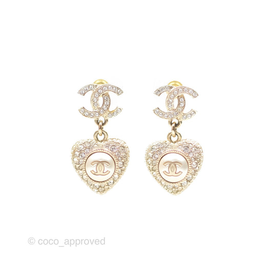 Chanel Crystal CC Pearl Heart Drop Earrings Gold Tone 23V