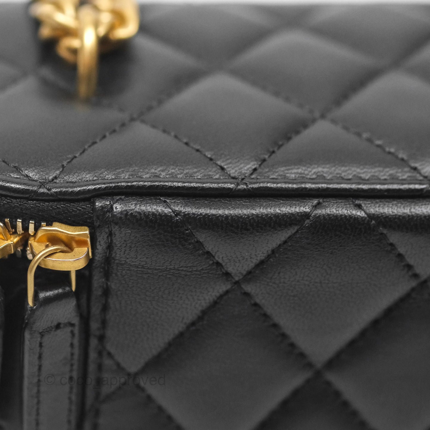 Chanel Quilted Vanity Rectangular with Camellia Adjustable Chain Black Lambskin 23S