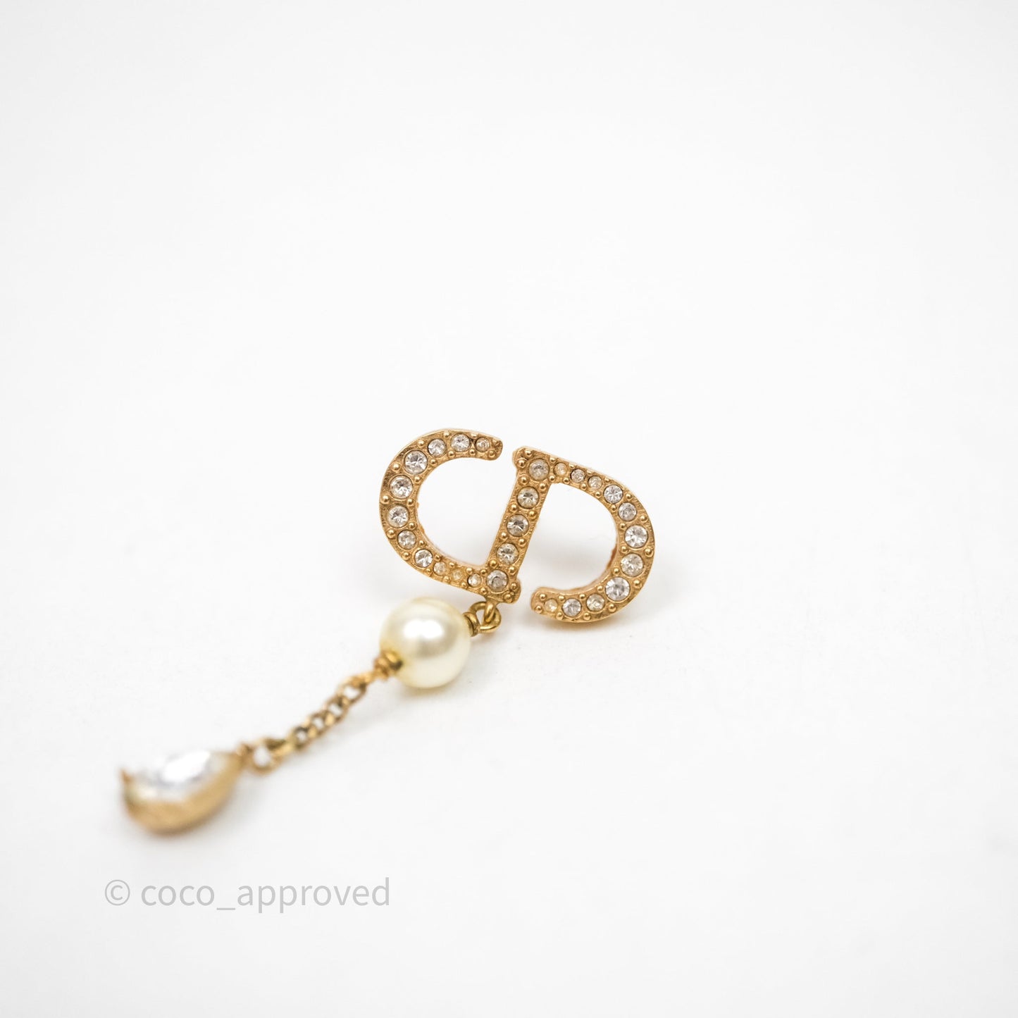 Christian Dior Pearl Crystal CD Drop Earrings Gold Tone