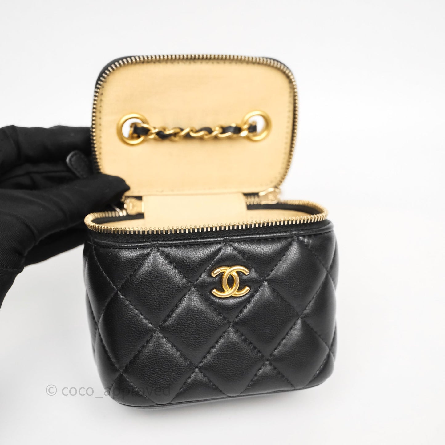Chanel Mini Black Lambskin Vanity Pearl Crush With Chain Gold Hardware