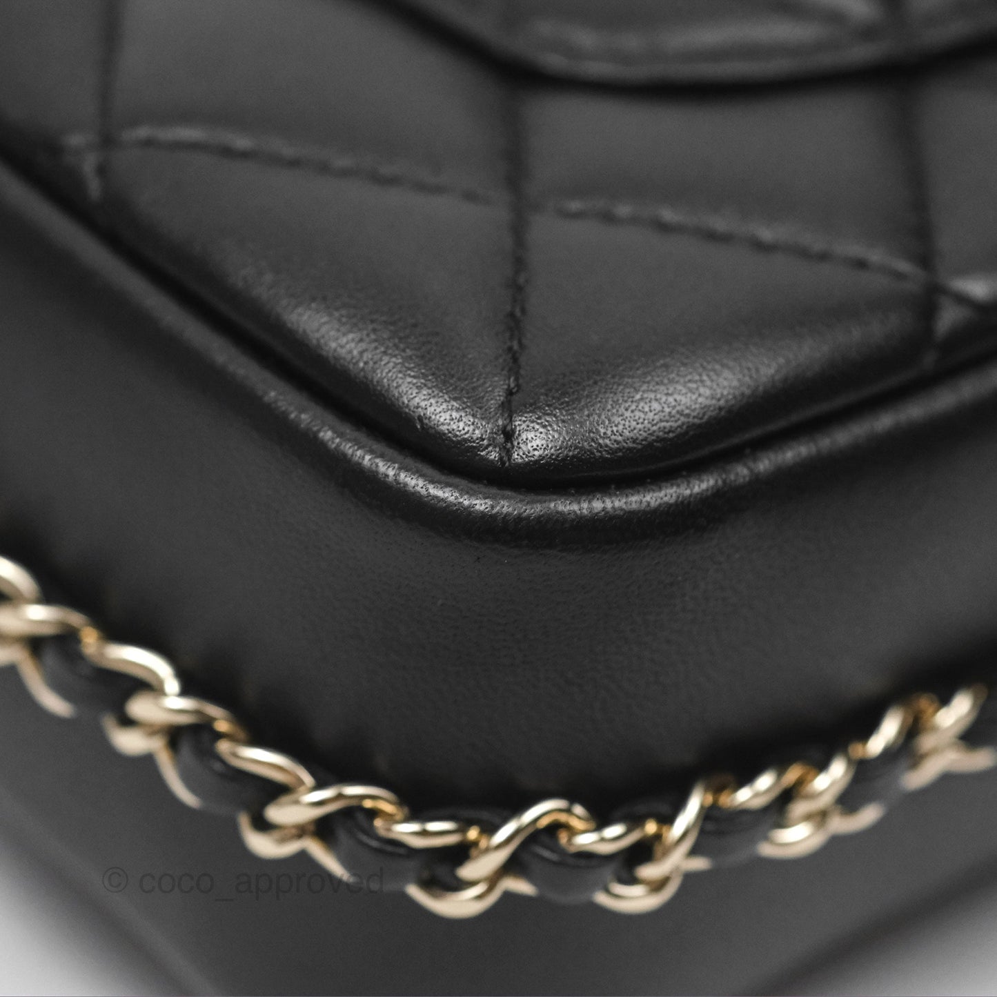 Chanel Logo Pearl Chain Flap Bag Black Lambskin Gold Hardware