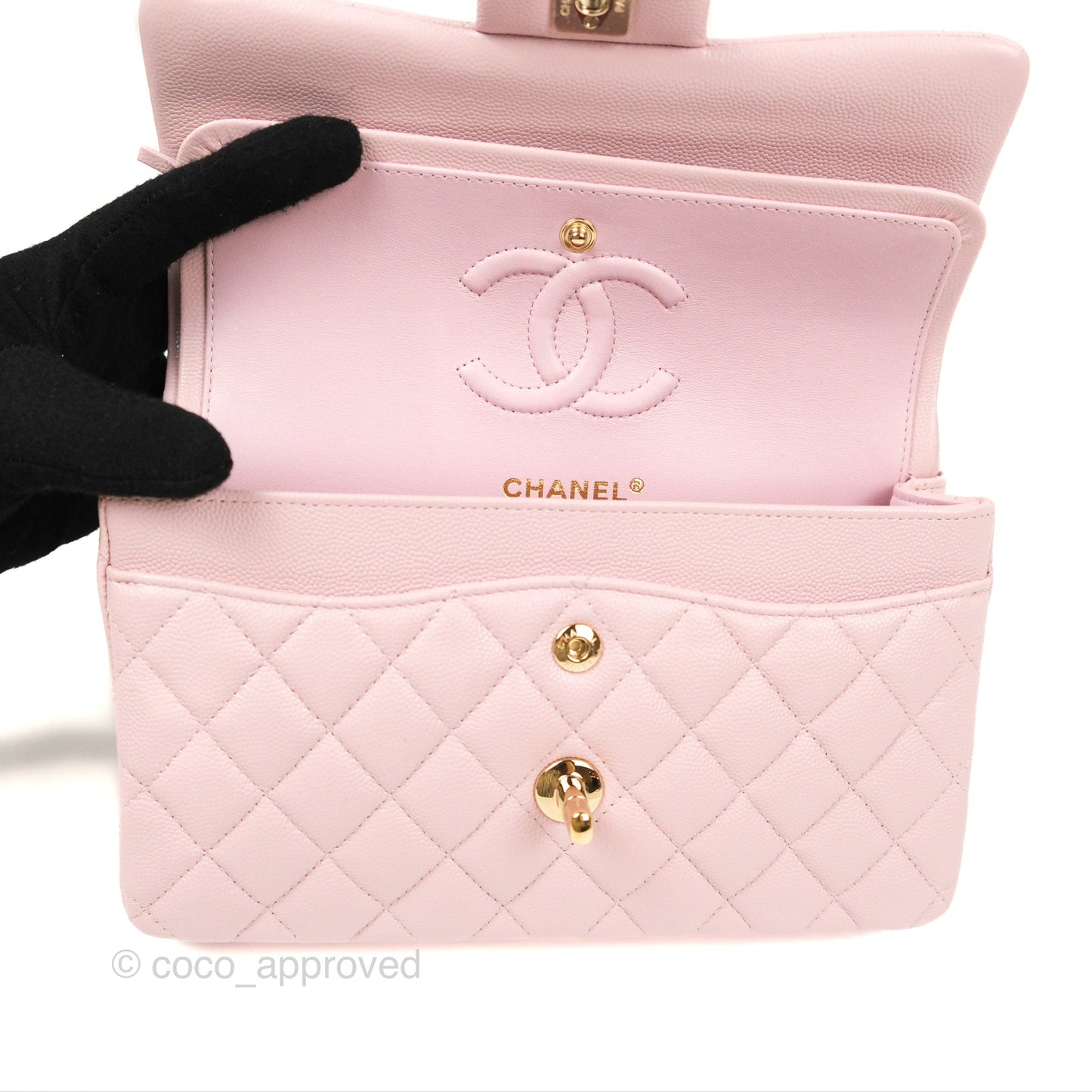 Chanel Small Classic Quilted Flap Pink Caviar Gold Hardware 21S