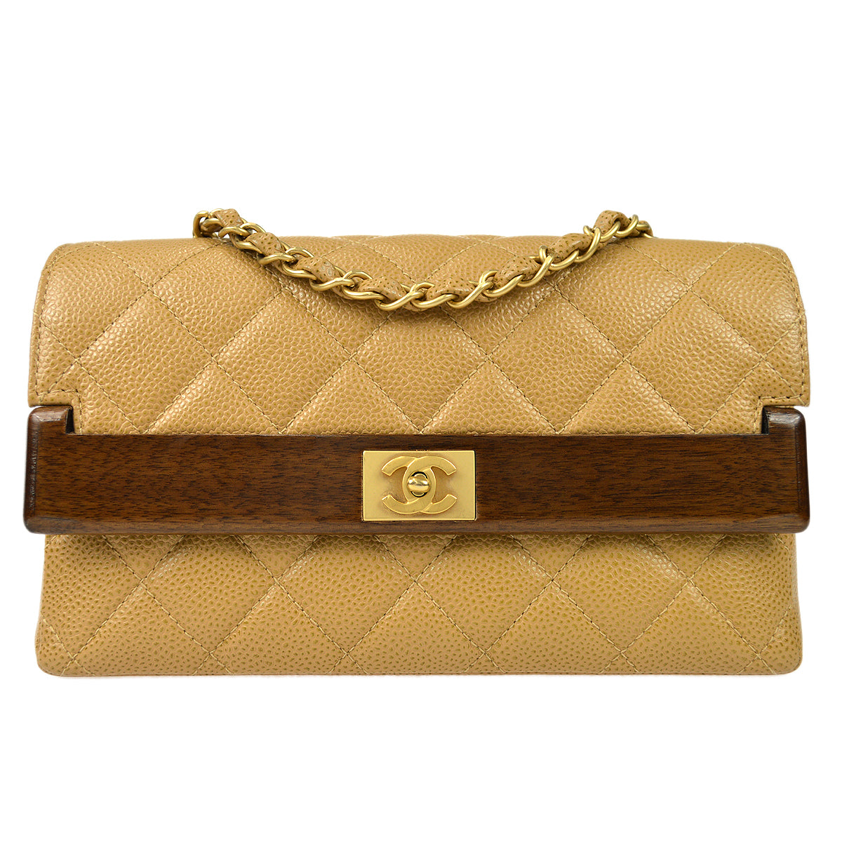 Luxury Chanel * 2003-2004 Wood Detailed Strait Flap Small Beige Caviar