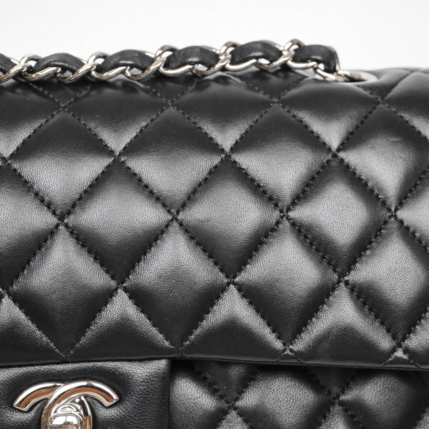 Chanel Classic M/L Medium Flap Quilted Black Lambskin Silver Hardware