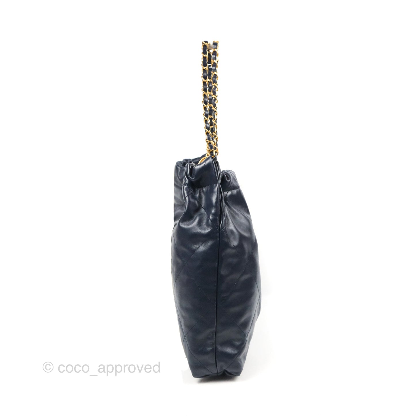 Chanel 22 Medium Navy Shiny Calfskin Aged Gold Hardware