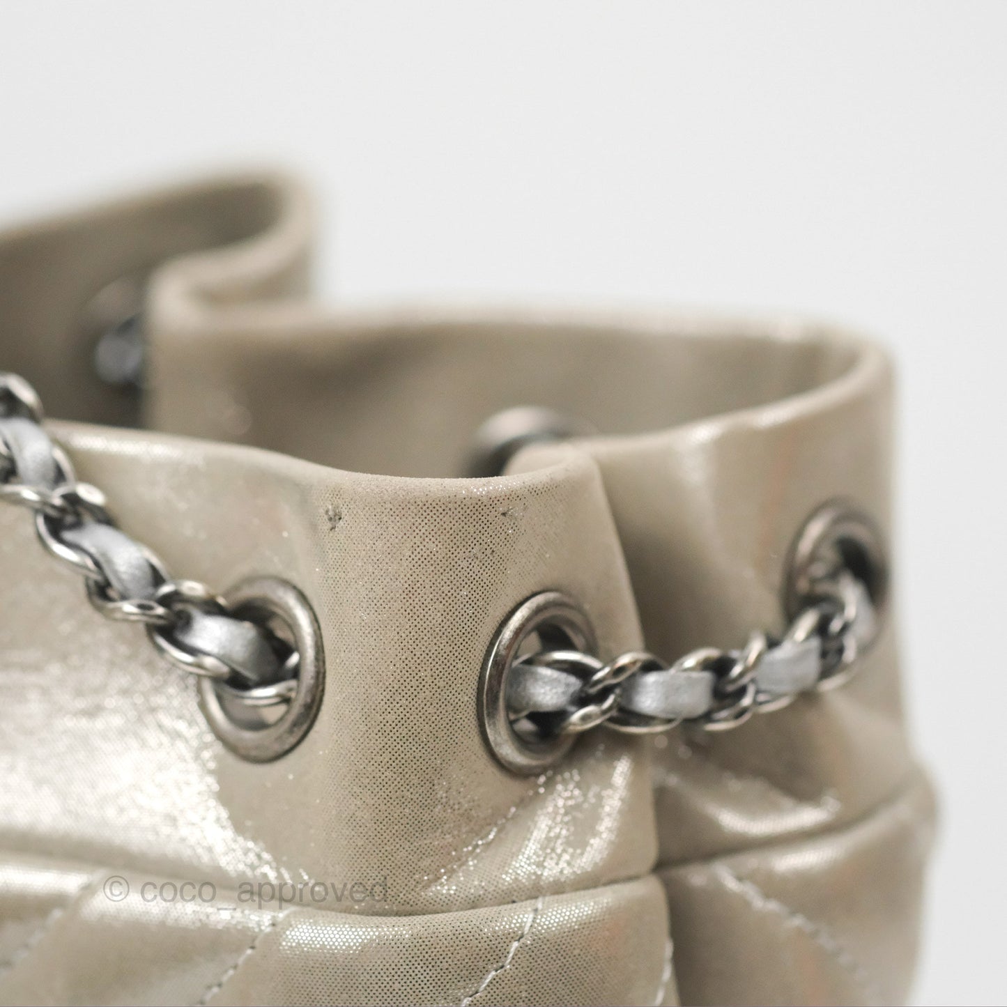 Chanel Small Urban Spirit Drawstring Bag Chevron Iridescent Silver Calfskin
