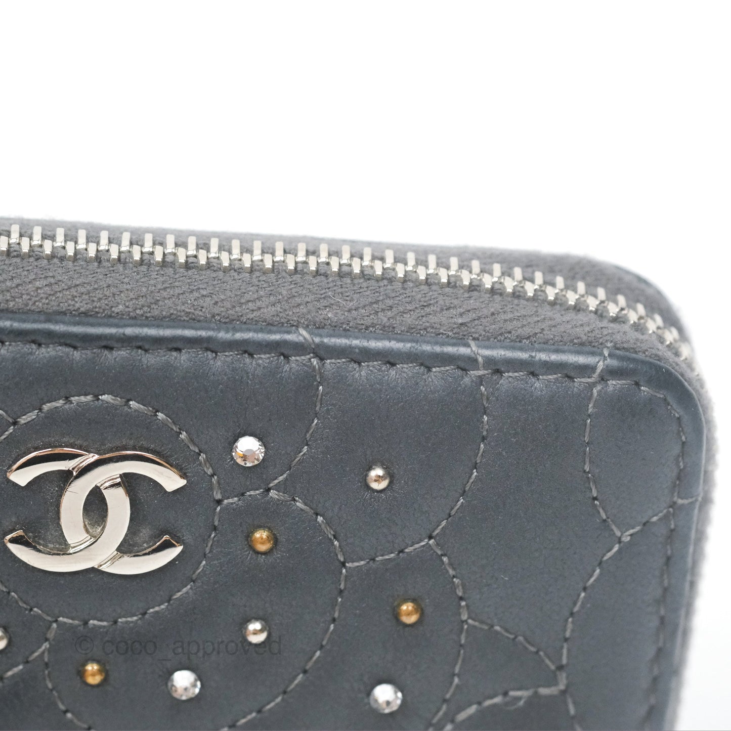 Chanel Camellia Crystal Studded Zipped Coin Purse Grey Silver Hardware