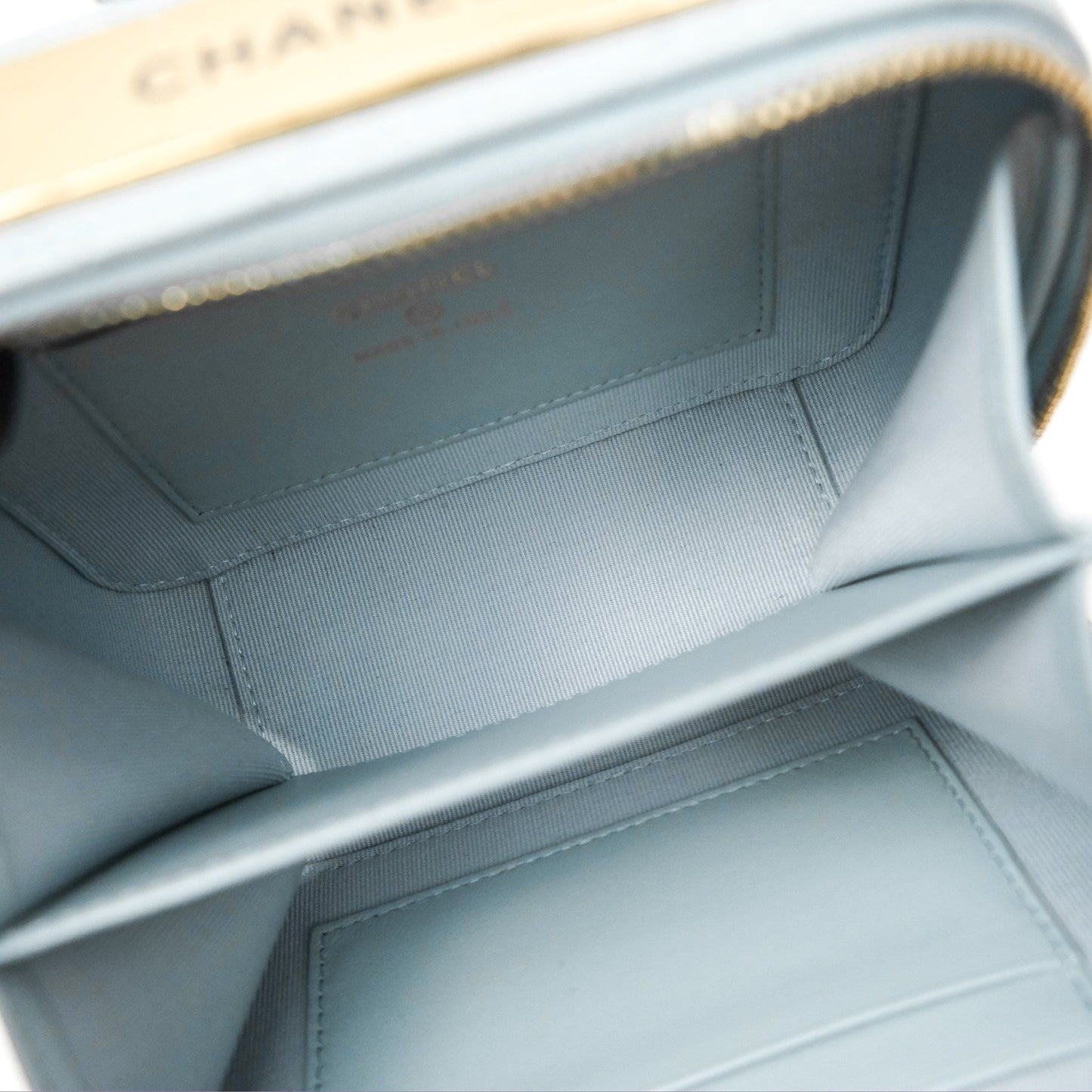 Chanel Mini Quilted Vanity Camera Case Light Blue Lambskin Gold Hardware