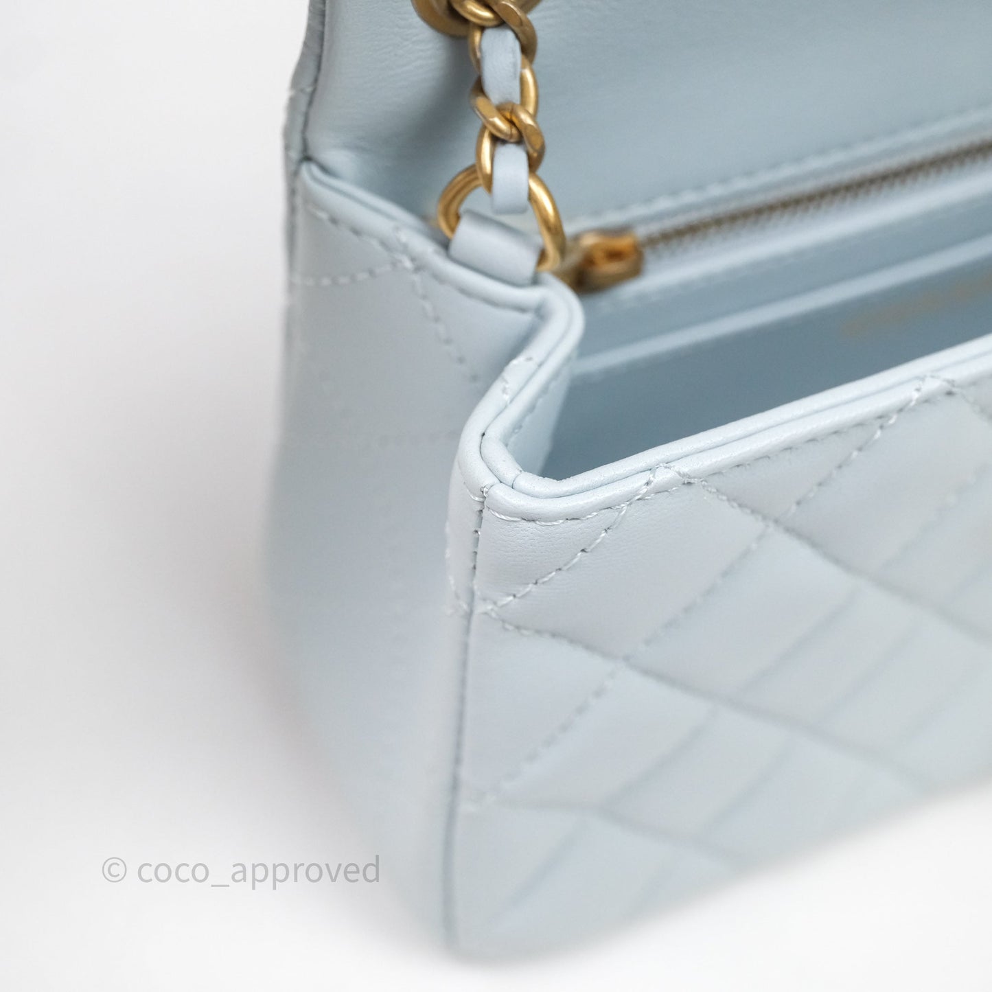 Chanel Pearl Crush Mini Rectangular Light Blue Lambskin Aged Gold Hardware