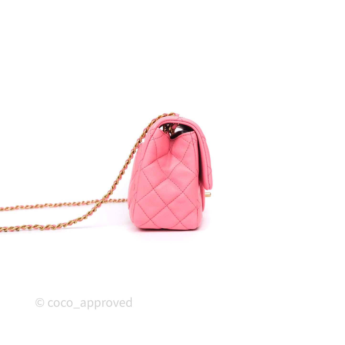 Chanel Pearl Crush Mini Square Quilted Pink Lambskin Aged Gold Hardware