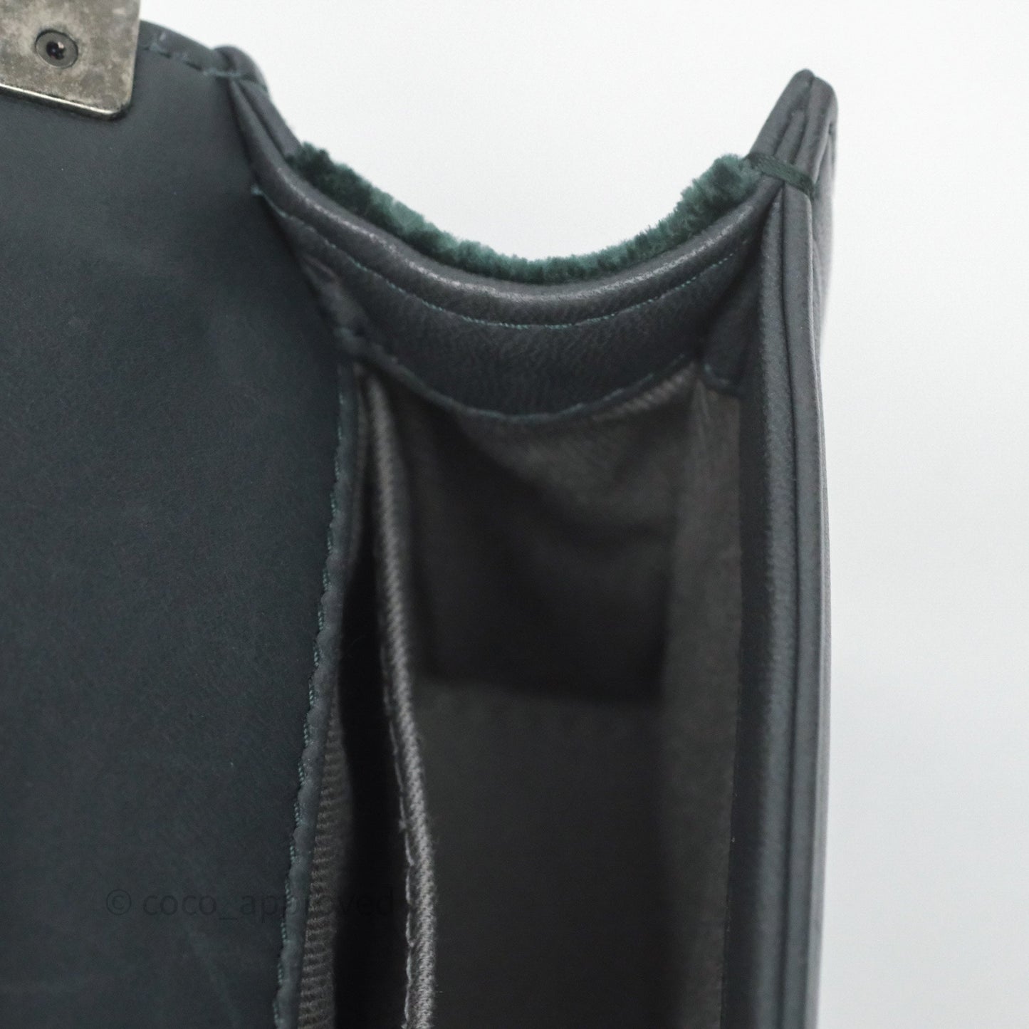 Chanel Small Boy Quilted Dark Green Velvet Ruthenium Hardware