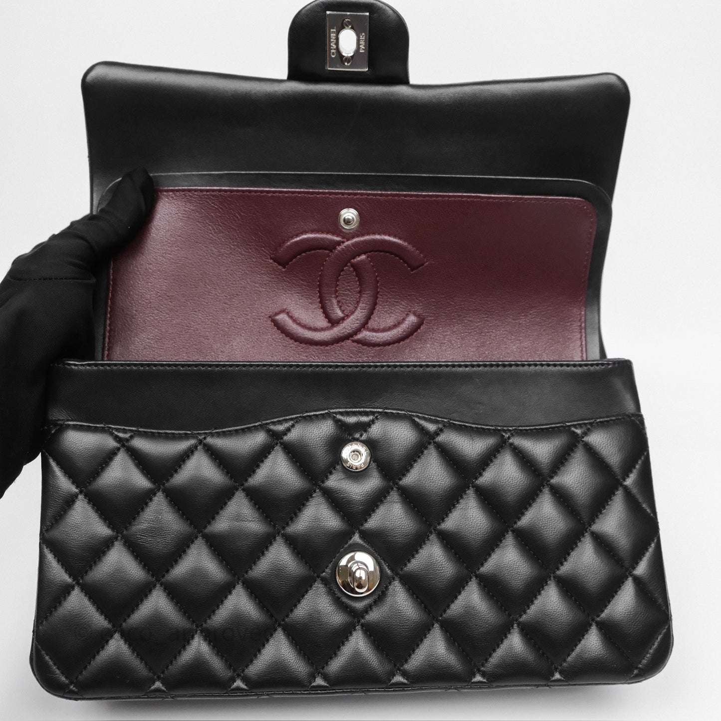 Chanel Classic M/L Medium Flap Quilted Black Lambskin Silver Hardware