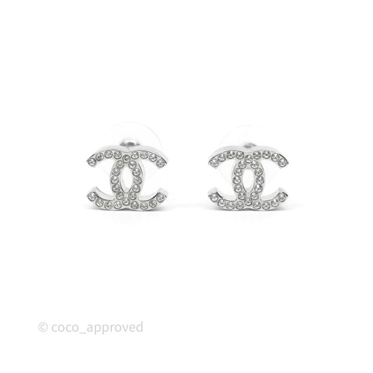 Chanel Crystal CC Earrings Silver Tone 25C