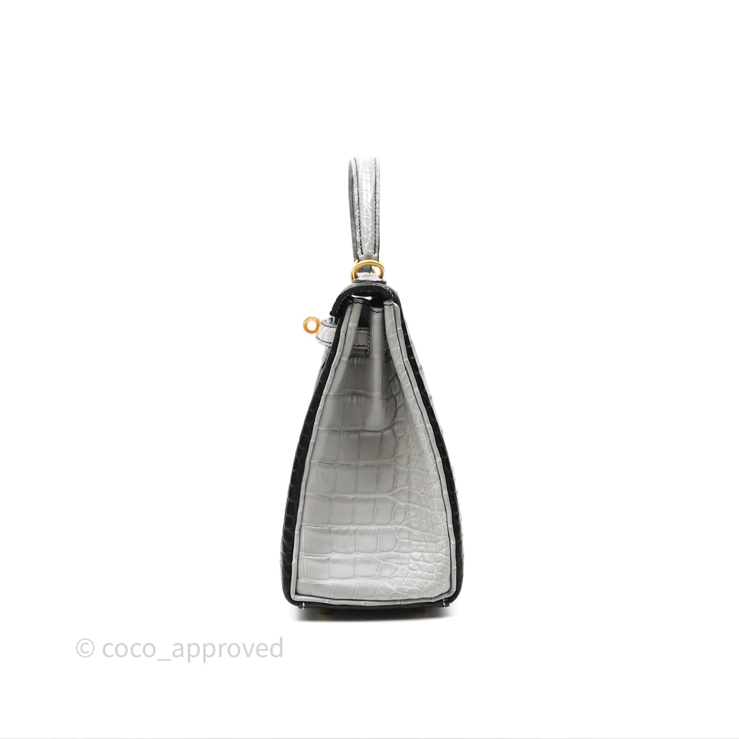Hermès Retourne Kelly 25 Alligator Perso Noir 89 / Gris Mouette 4Z Brushed Gold Hardware