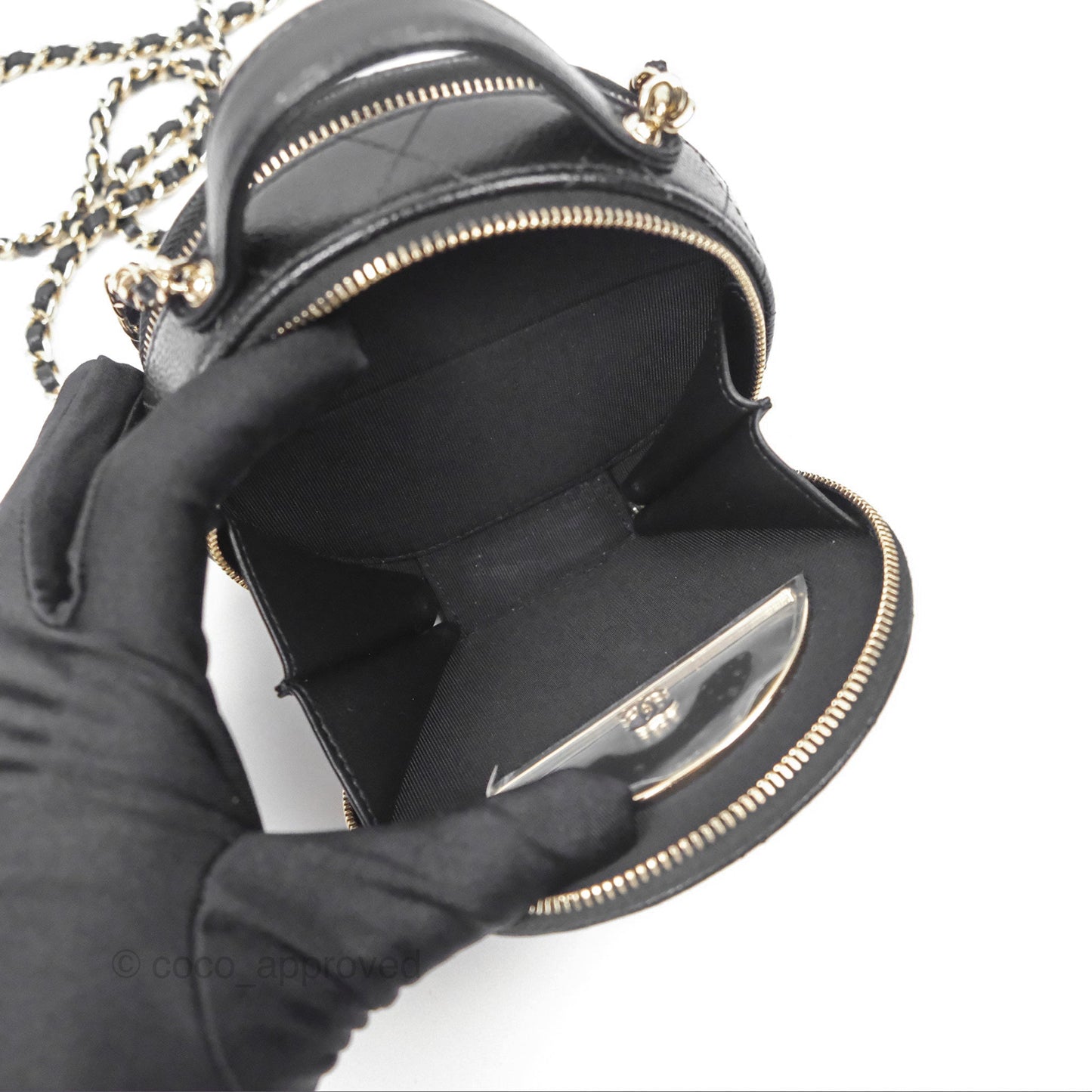Chanel Mini Round Vanity Bag Handle With Care Black Caviar Gold Hardware