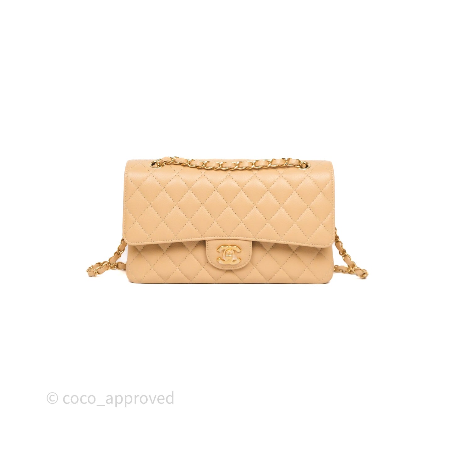 Chanel Classic M/L Medium Flap Quilted Beige Caviar Gold Hardware