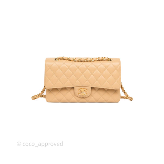 Chanel Classic M/L Medium Flap Quilted Beige Caviar Gold Hardware