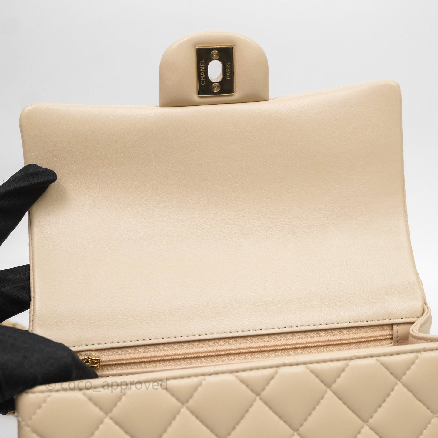 Chanel Top Handle Mini Rectangular Flap Beige Lambskin Shiny Gold Hardware