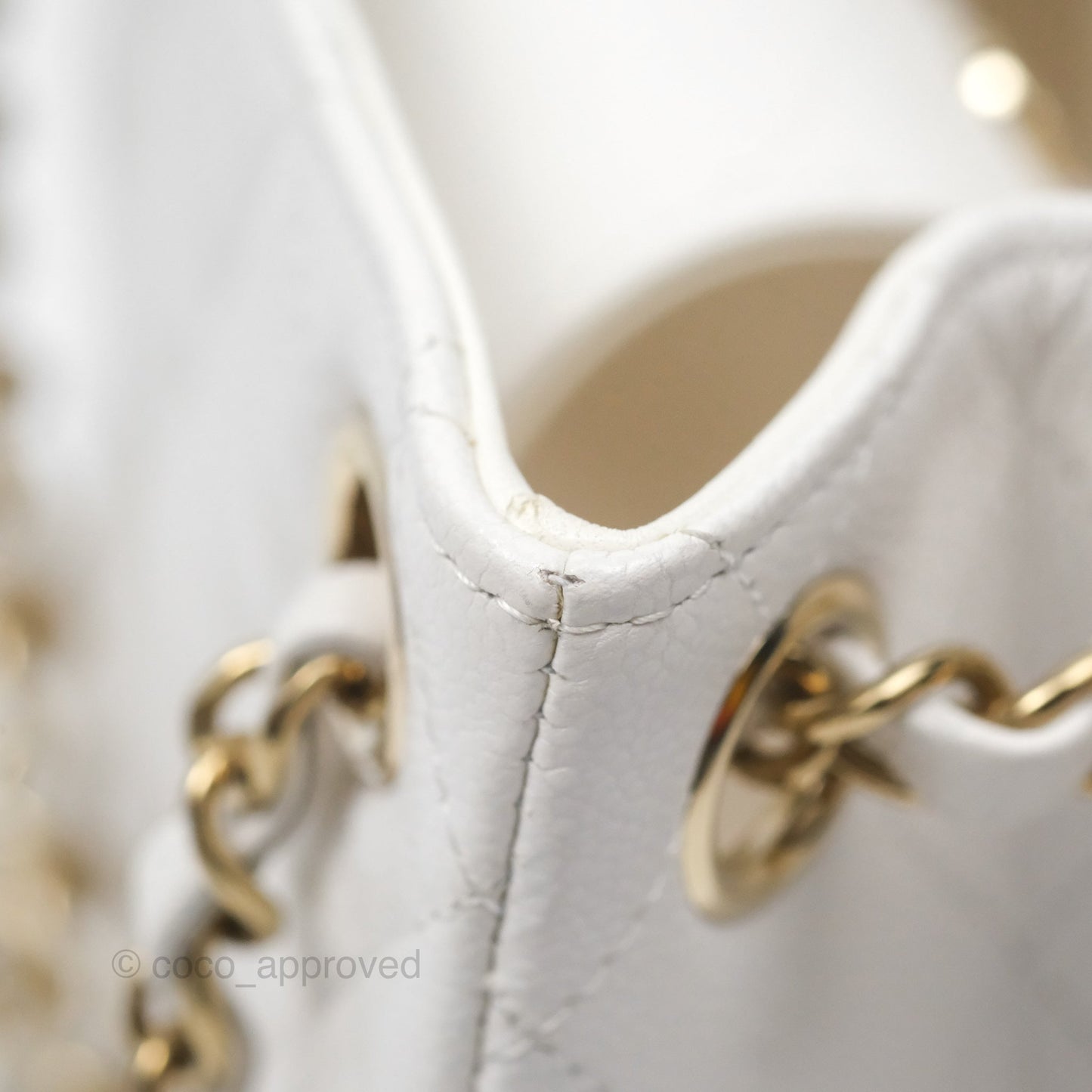 Chanel Mini Bucket Tote White Caviar Gold Hardware 22S