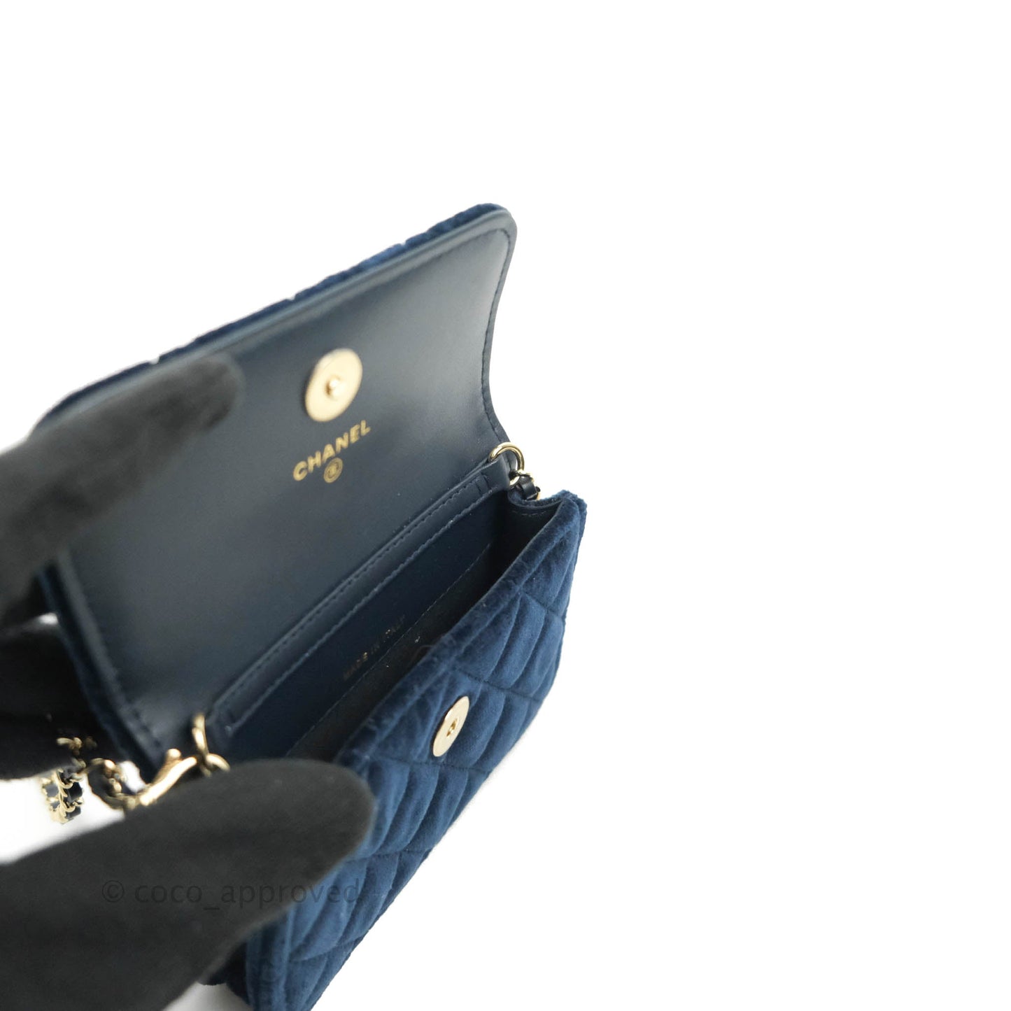 Chanel Crystal Pearl Crush Card Holder Navy Velvet Aged Gold Hardware