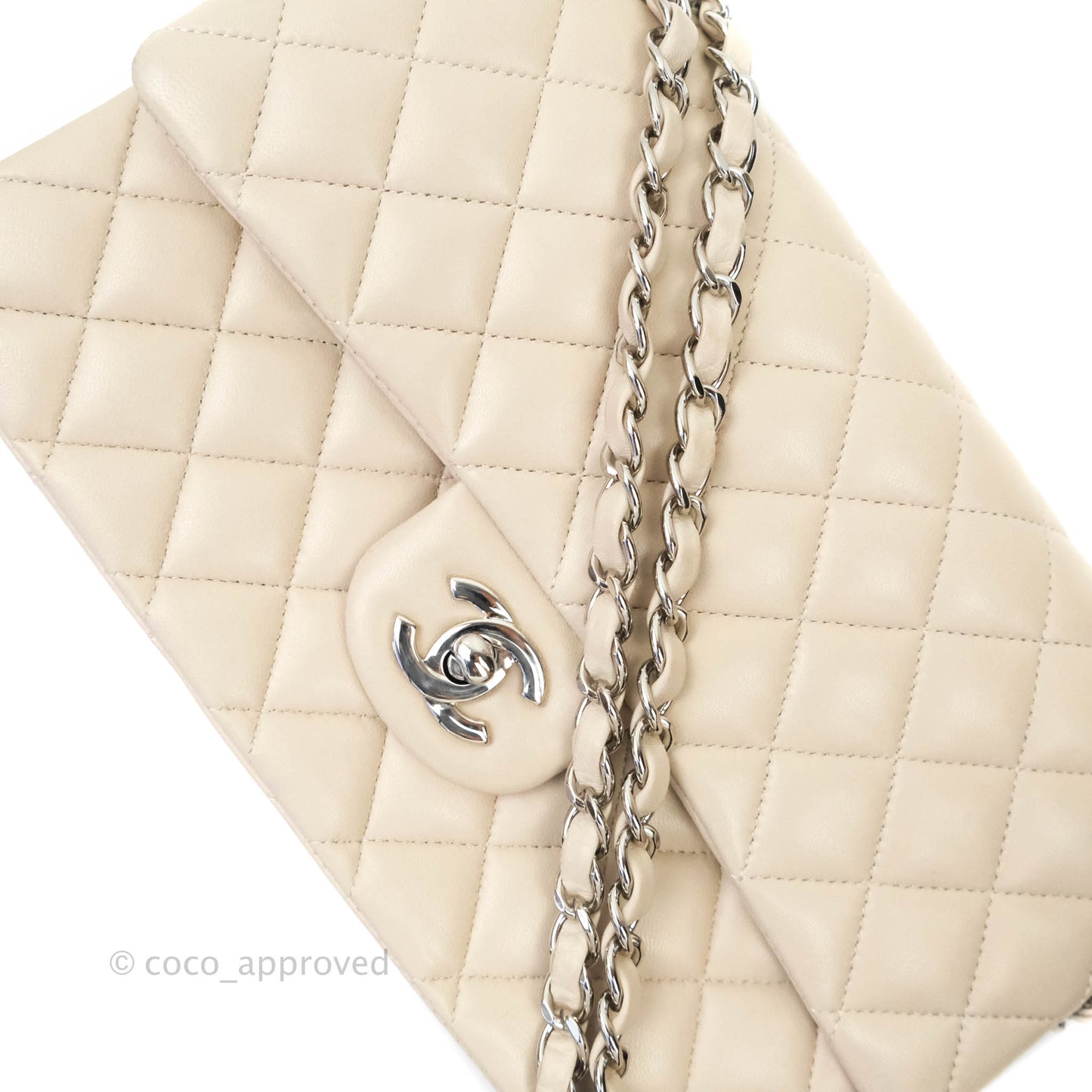 Chanel Classic M/L Medium Double Flap Cream Lambskin Silver Hardware