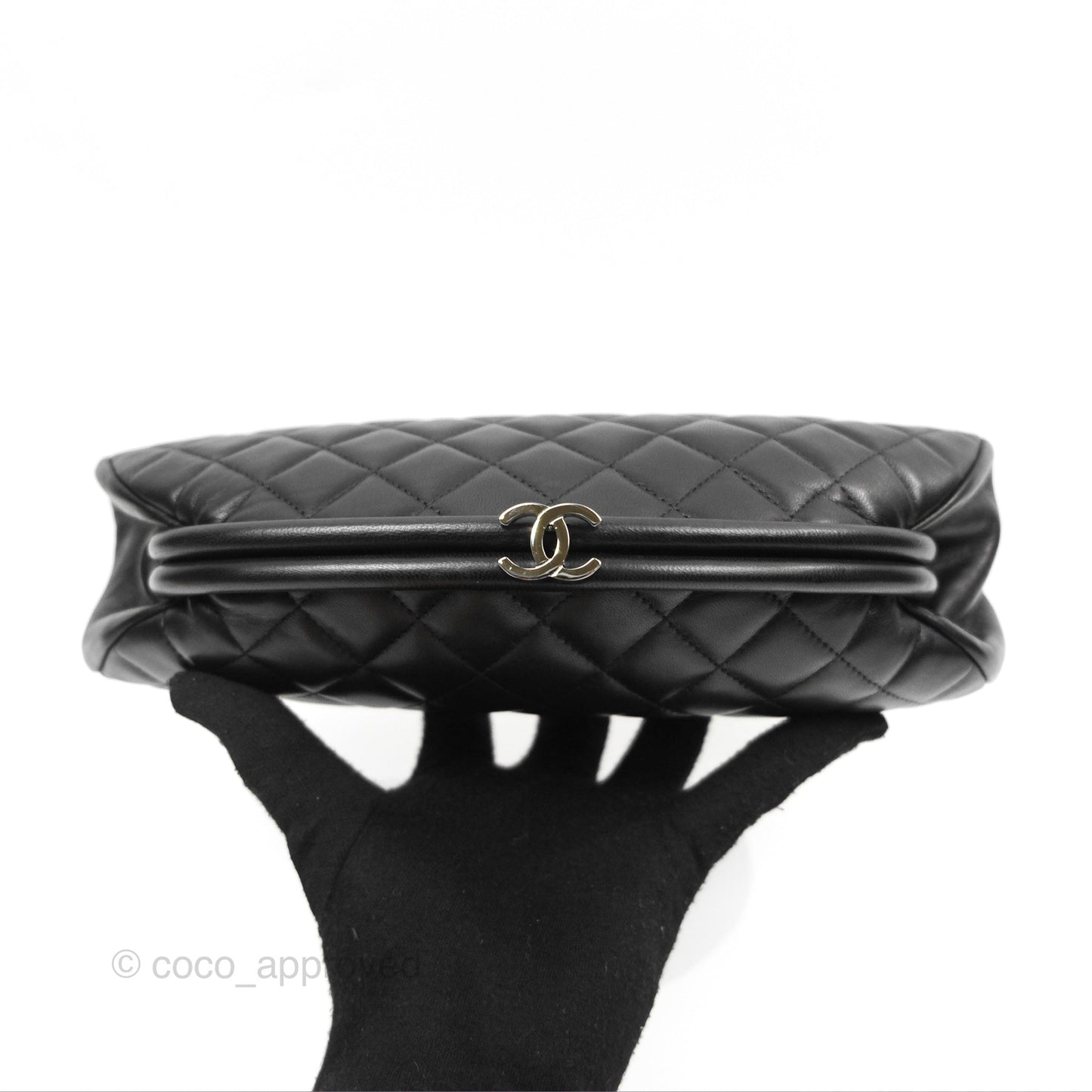 Chanel Quilted Timeless Kisslock Clutch Black Lambskin Silver Hardware