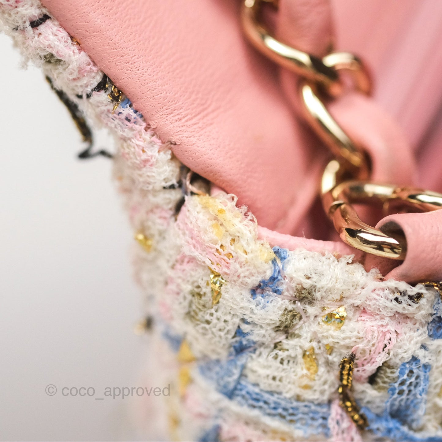 Chanel Mini Rectangular Flap Pink/ Blue/ Gold Tweed Gold Hardware