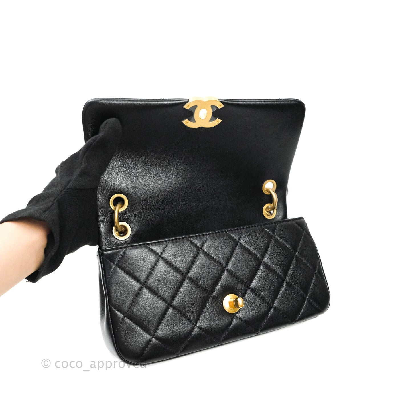 Chanel Leather Entwined Chain Bag Black Shiny Lambskin Aged Gold Hardware