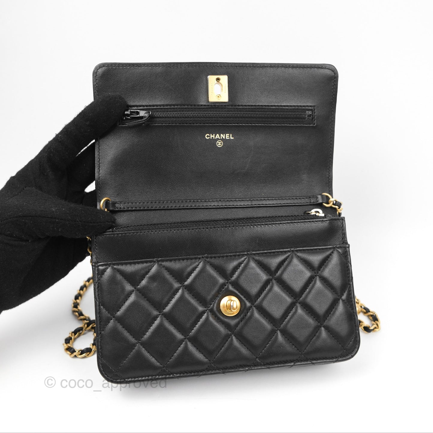 Chanel Quilted Pearl Crush Wallet on Chain WOC Black Lambskin Aged Gold Hardware