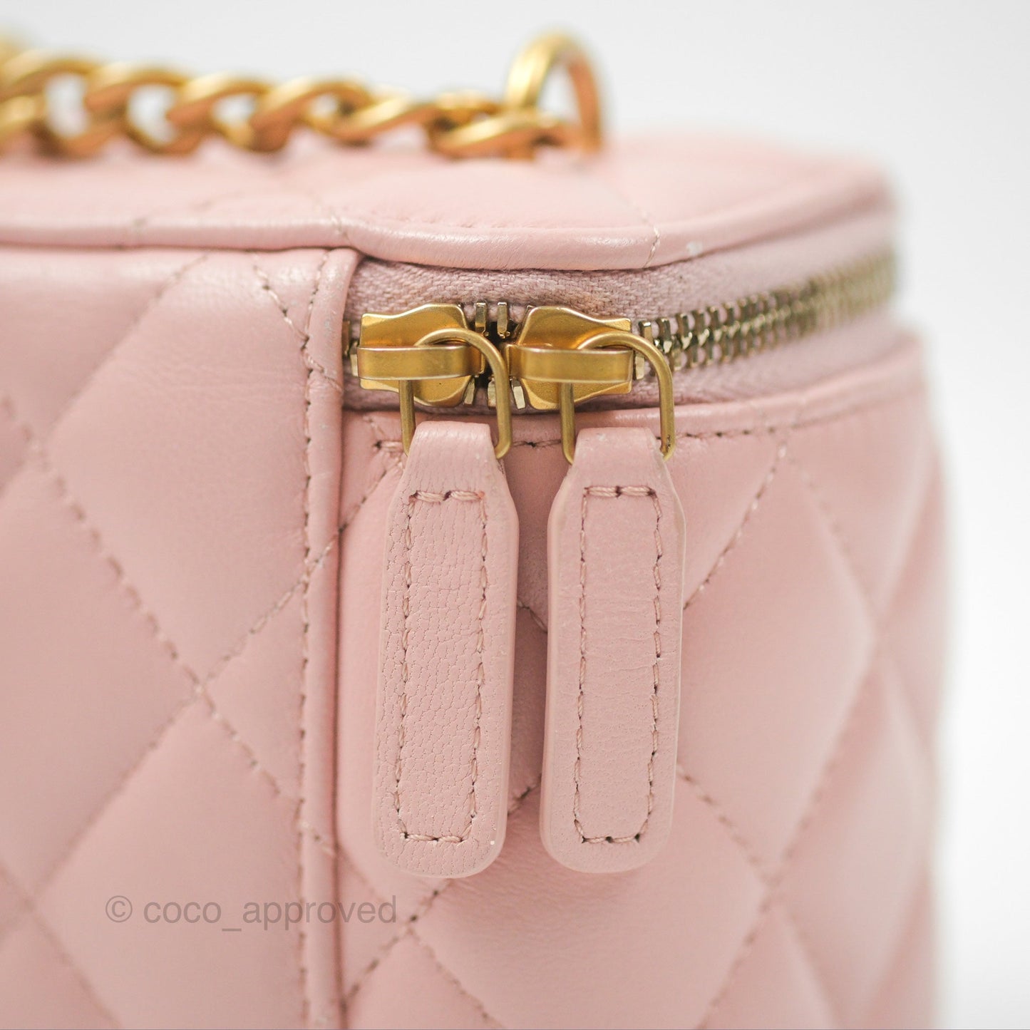 Chanel Mini Vanity With Chain Adjustable Camellia Light Pink Lambskin Aged Gold Hardware