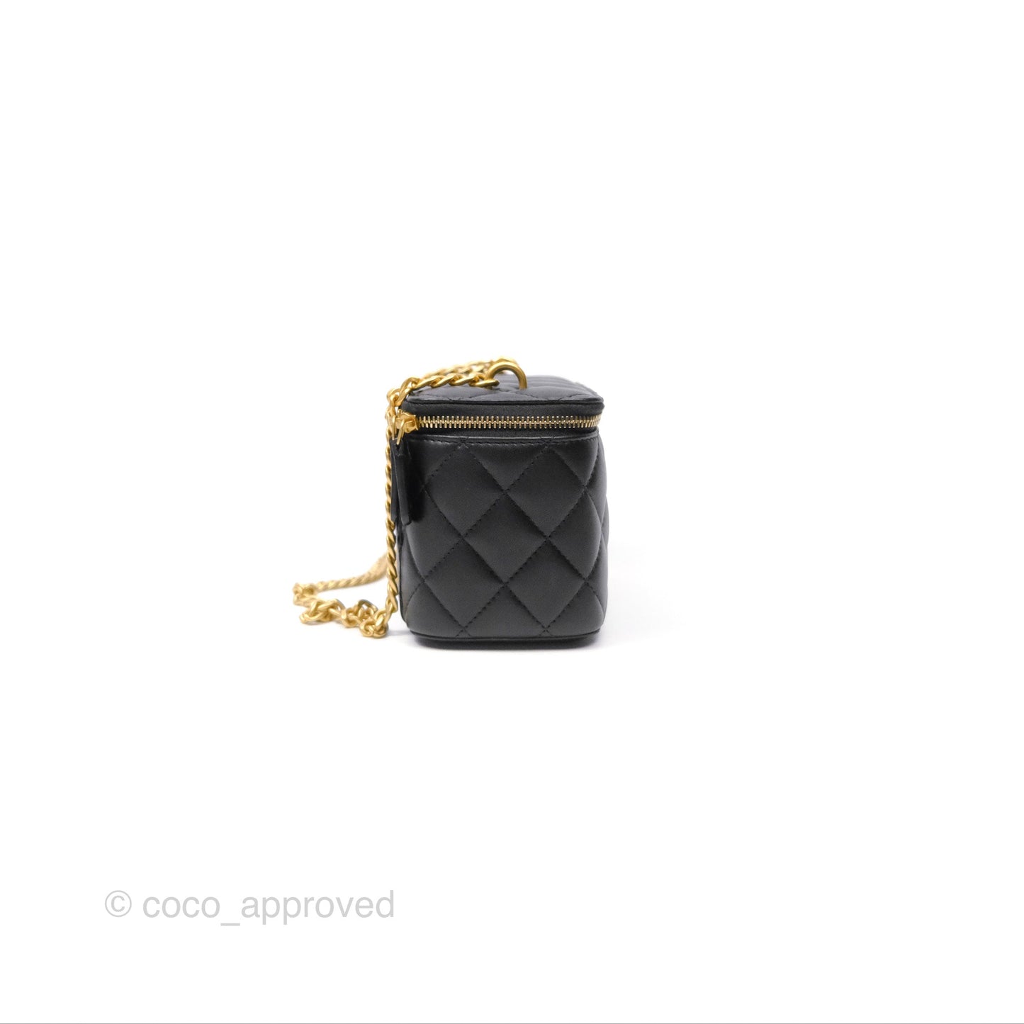 Chanel Quilted Vanity Rectangular with Camellia Adjustable Chain Black Lambskin 23S