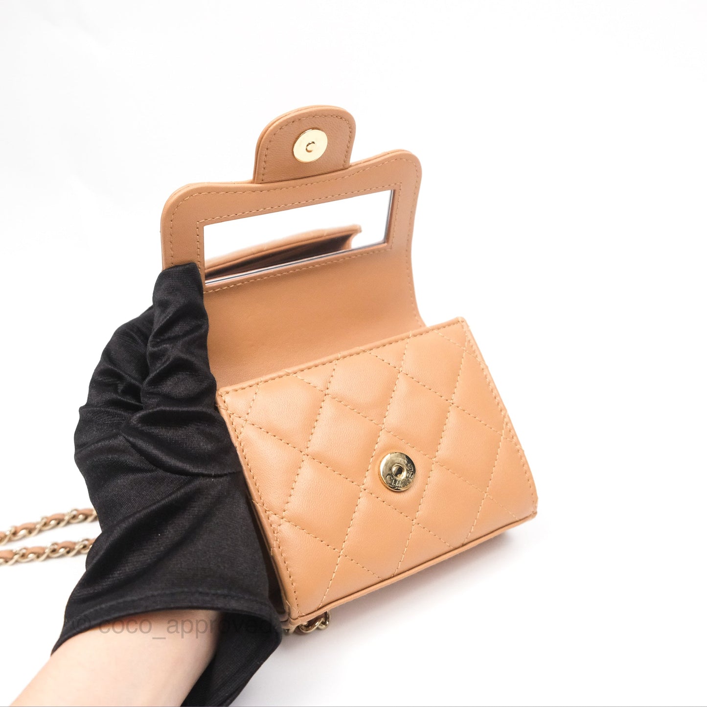 Chanel Mini Handle Clutch With Chain Caramel Lambskin Gold Hardware