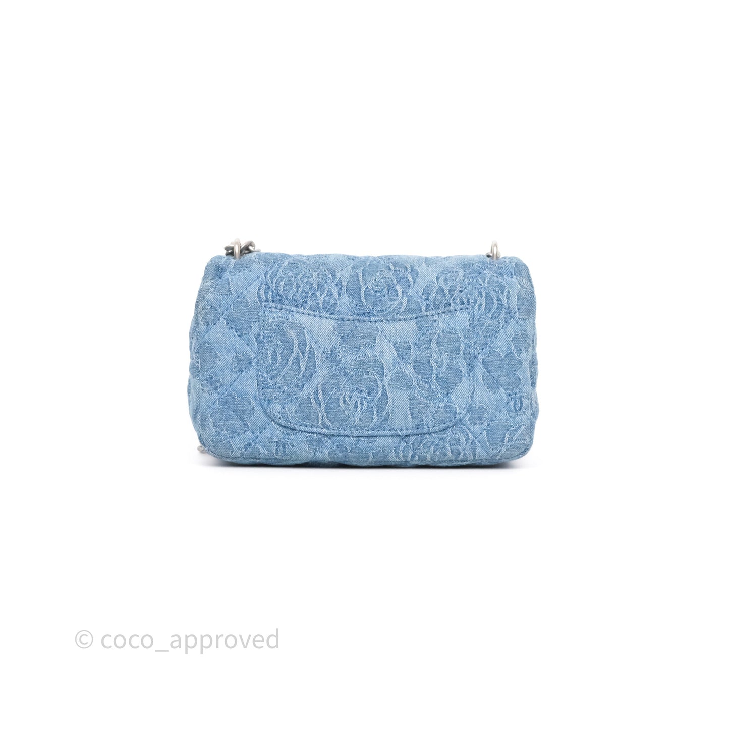 Chanel Mini Camellia Printed Heart Crush Flap Bag Blue Denim Aged Silver Hardware