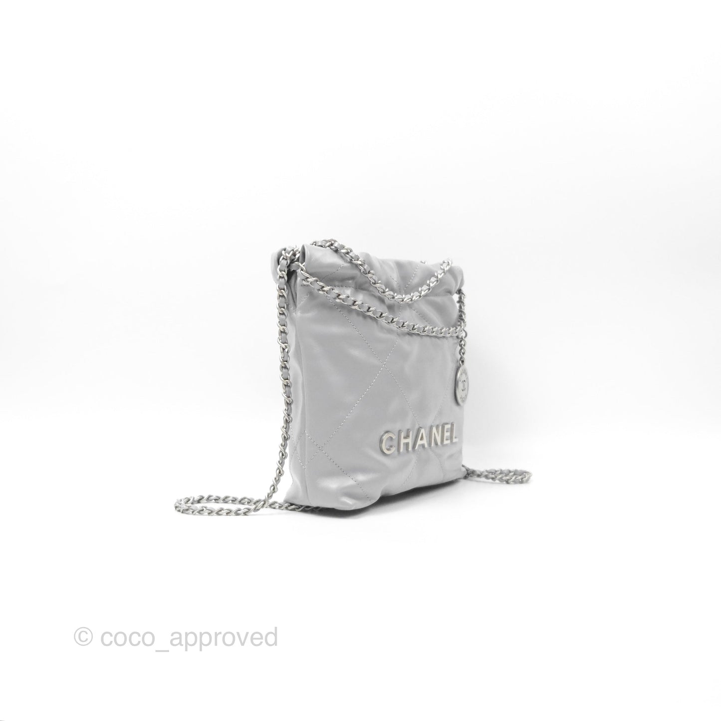 Chanel 22 Mini Bag Light Grey Shiny Crumpled Calfskin Matte Silver Hardware