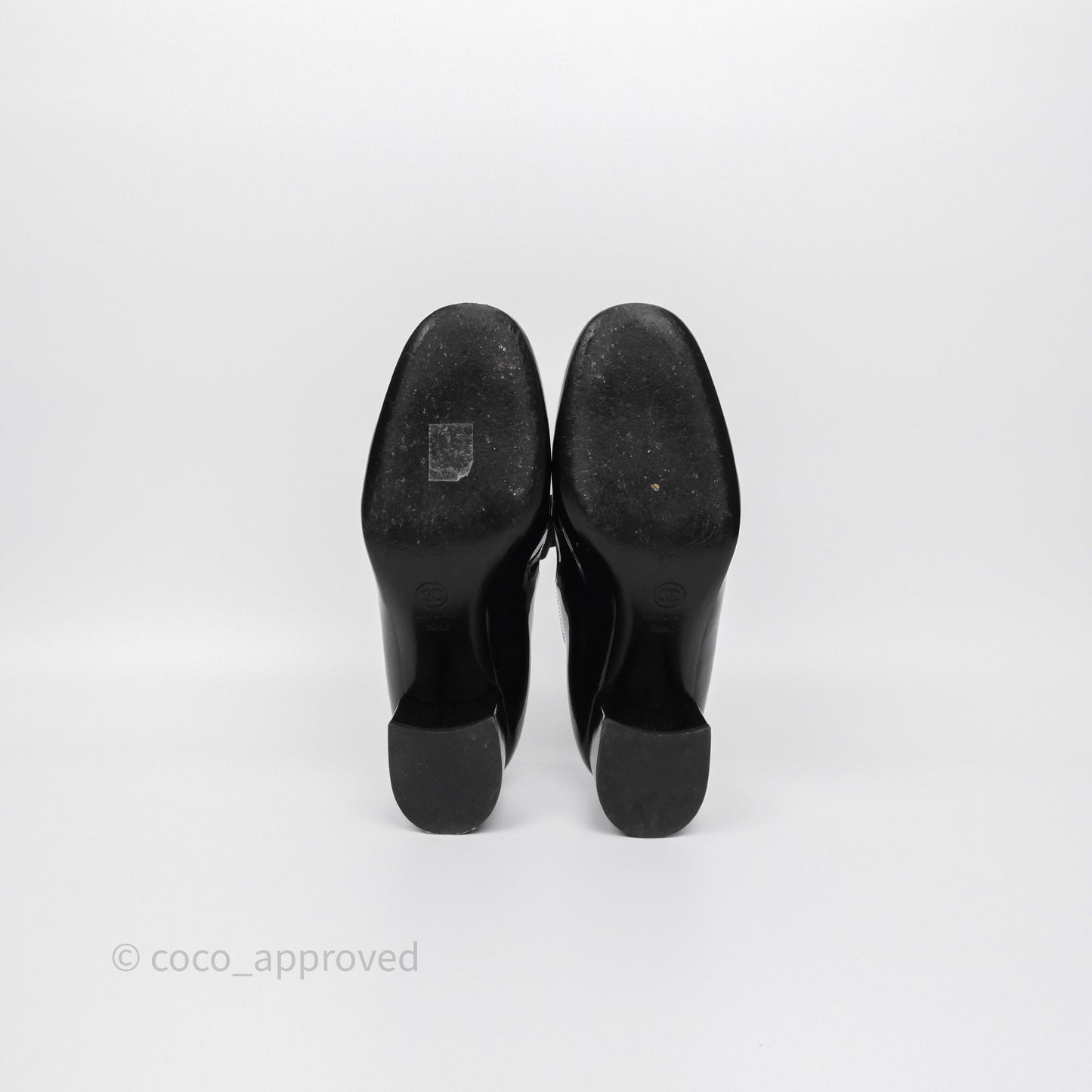 Chanel CC Ribbon Mary Jane Block Heels Black Patent 24C Size 39.5