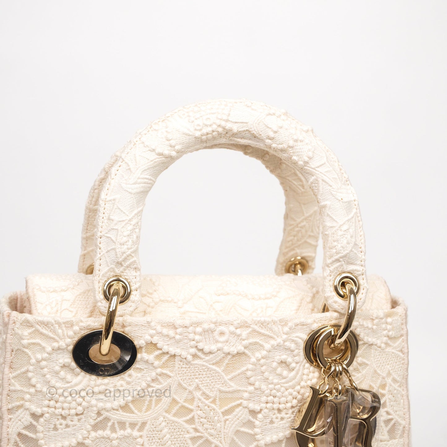 Christian Dior Lace Medium Lady Dior Ivory White Gold Hardware