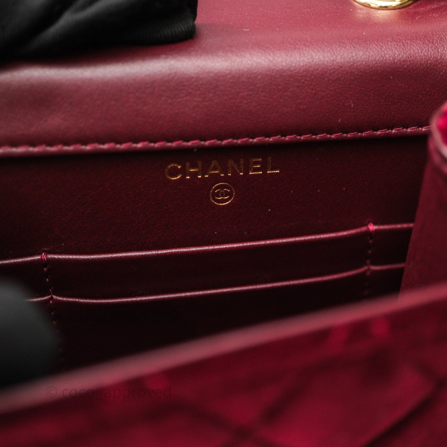 Chanel Quilted Phone Holder Crystals Pearl Crush Red Velvet Gold Hardware