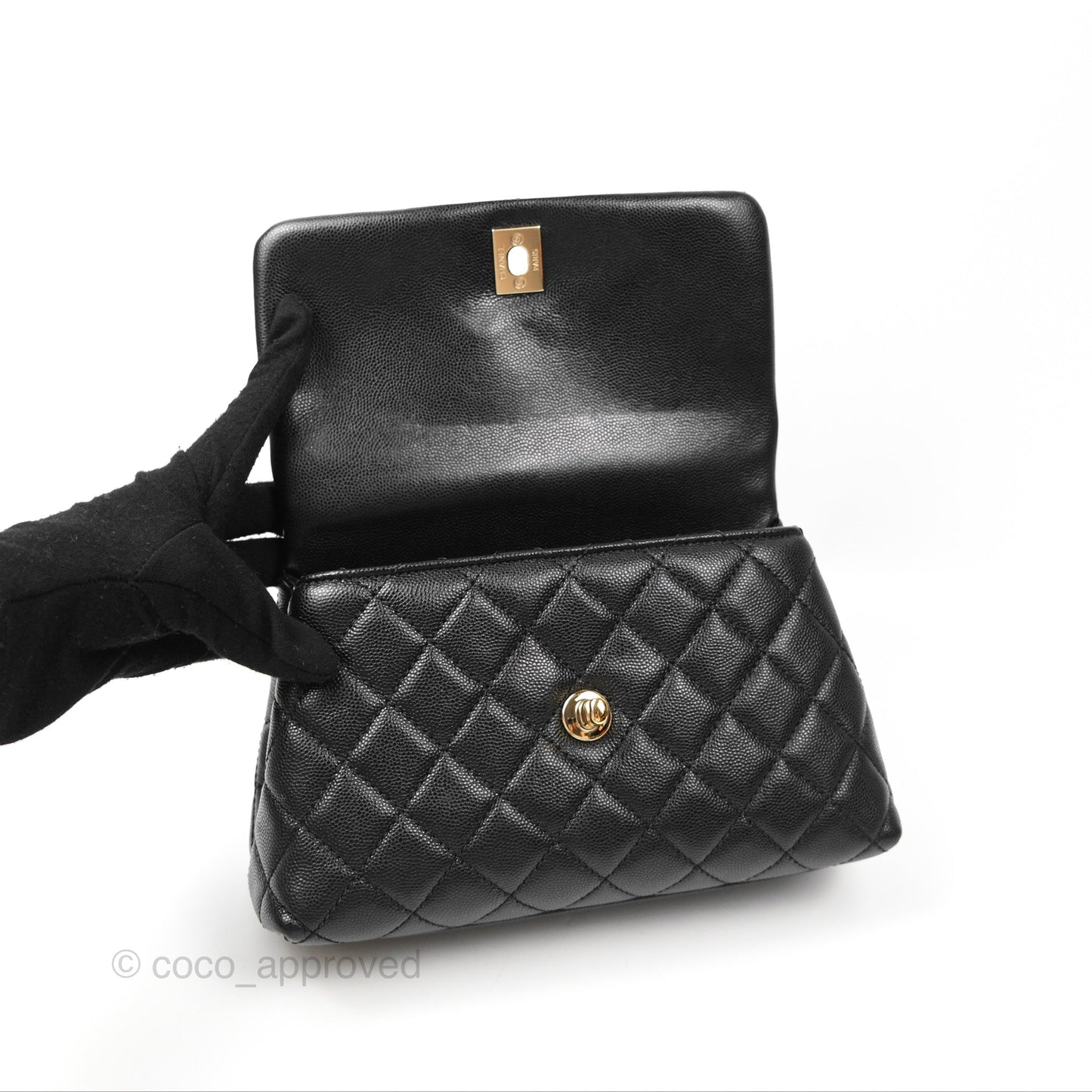 Chanel Small Coco Handle Black Caviar Gold Hardware Lizard Embossed Handle